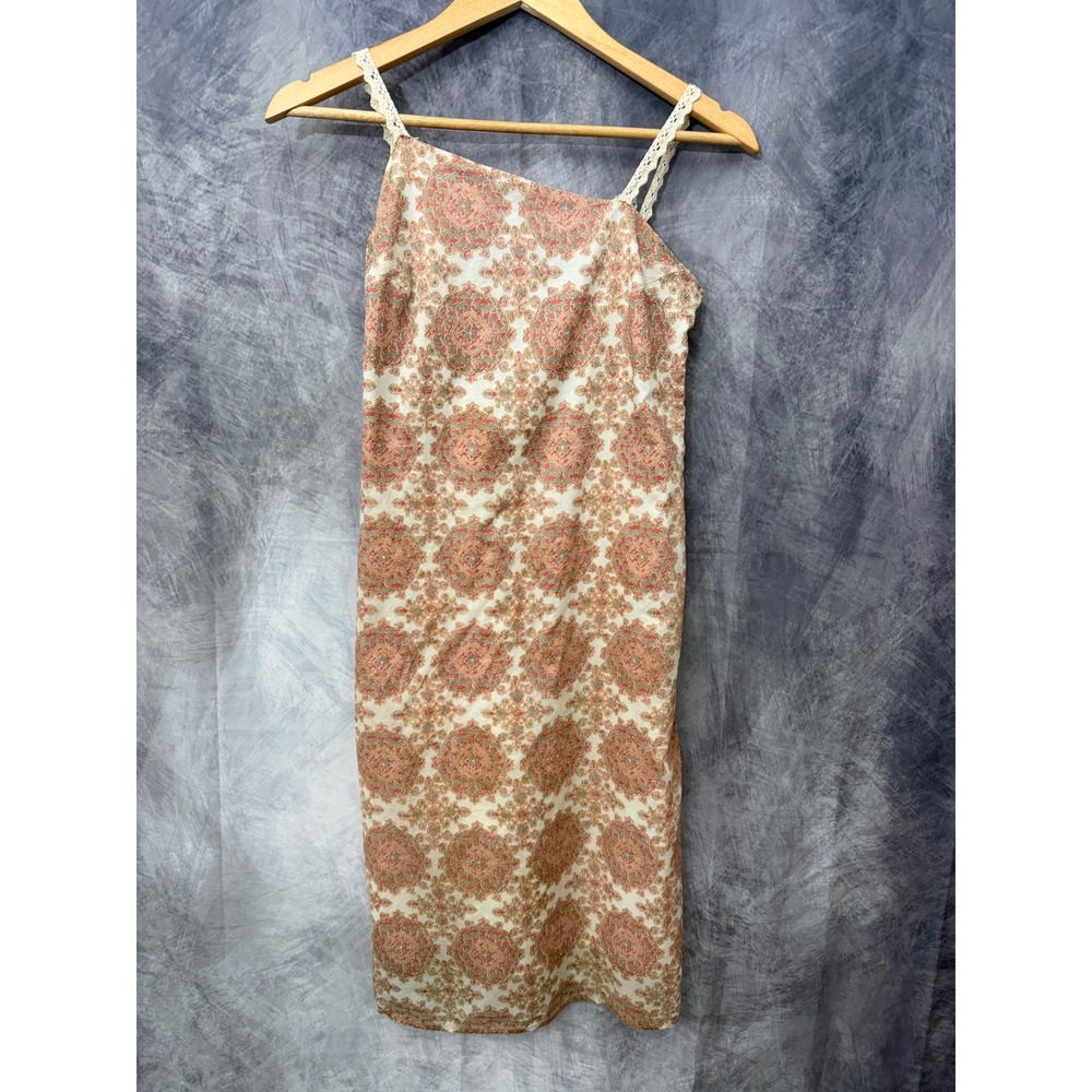 Lauren Moffatt Paisley Cotton Shift Dress Asymmetrical Lace Strap Red Green 4
